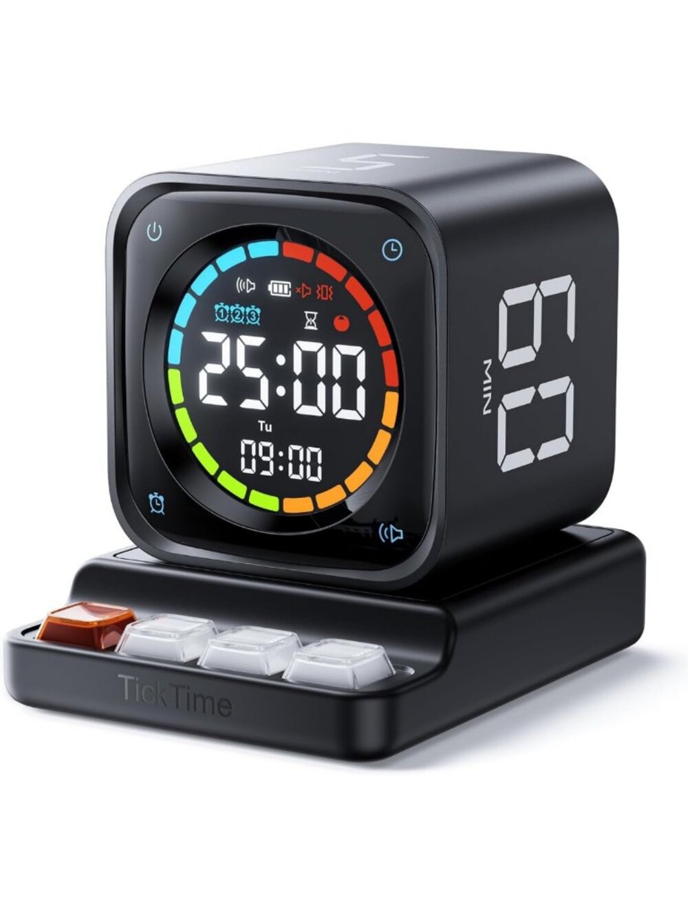 Silent Pomodoro Timer Cube - 5/10/30/60 Min Presets, Custom Countdown & Alarms